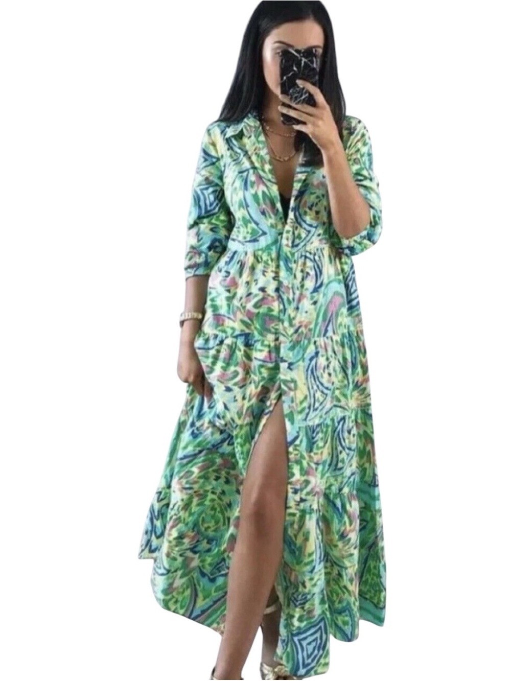 Zara Geometric Printed Tired Midi Shirt Dress size Small.